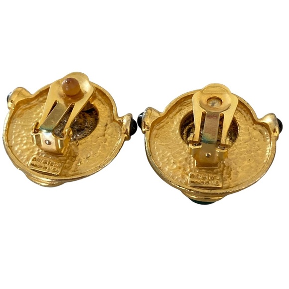 Vintage rare Caralina gold tone clip on Greek revival earrings cabochon coin - Picture 9 of 10